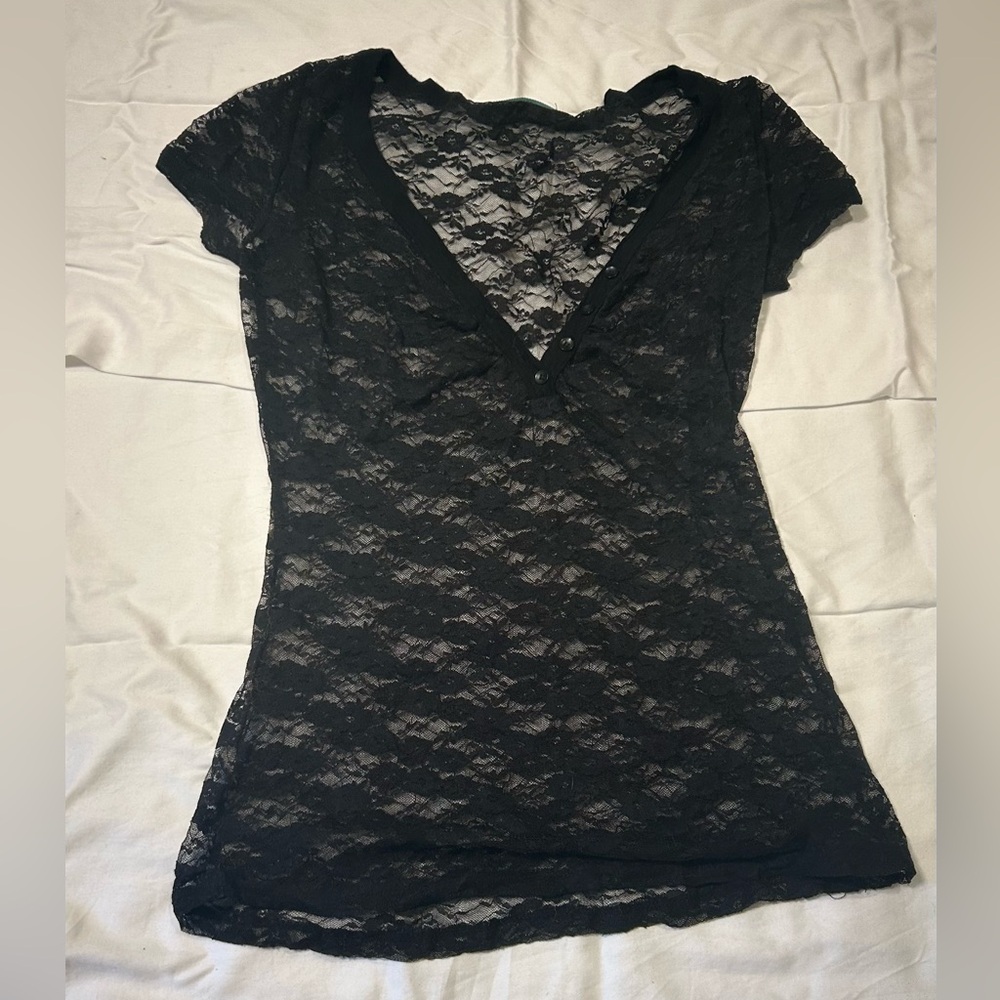 Black floral lace V neck top